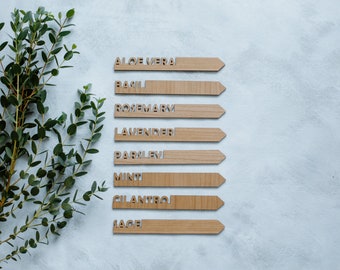 May include: Eight wooden plant markers with the names of herbs and plants written on them: Aloe Vera, Basil, Rosemary, Lavender, Parsley, Mint, Cilantro, and Sage.