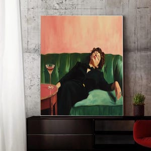 マティーニを片手にソファに座る女性 - カクテルアート バーカート装飾 - 美しい油絵ギフト - トレンディなキッチンウォールポスター
