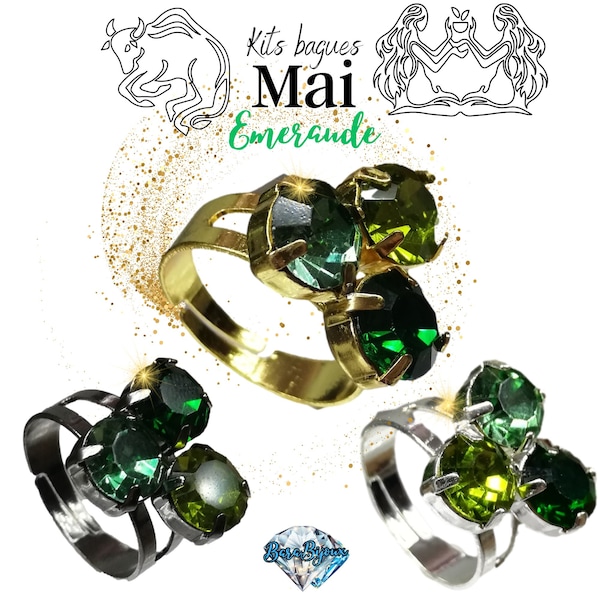 Kit de bague à sertir avec strass 8mm en Cristal, 3 emplacements, DIY, bague pierres de naissance mai émeraude