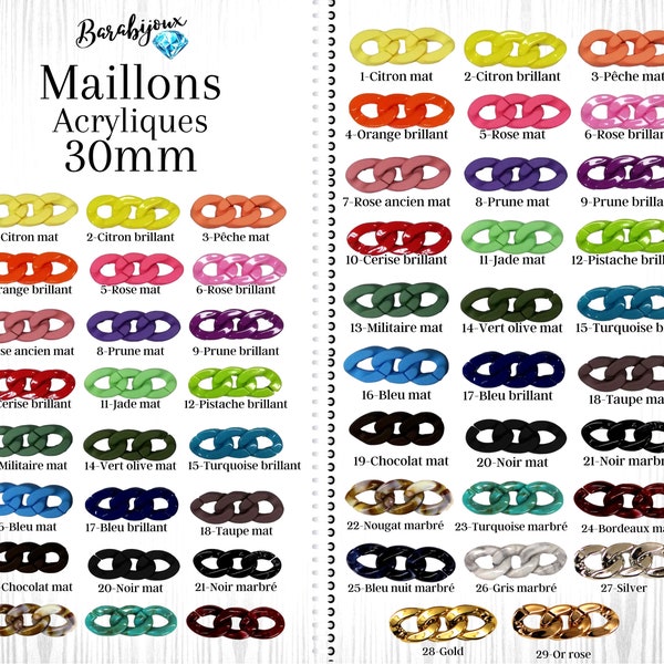 30MM x 10 pcs- Maillons en acrylique mats glossy, ouverts pour la réalisation de bracelets, colliers, boucles d'oreilles, anses de sacs...