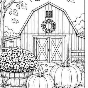 May include: A black and white line art illustration of a barn with a wreath on the front doors. In the foreground, a wooden barrel is filled with flowers, accompanied by three pumpkins of varying sizes and scattered fallen autumn leaves.