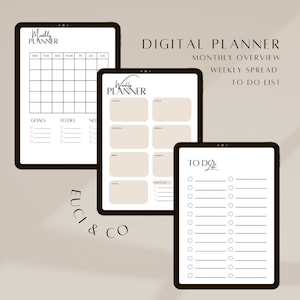 Può includere: Un planner digitale con una panoramica mensile, una diffusione settimanale e un elenco di cose da fare. Il planner è progettato in uno stile minimalista con testo nero su sfondo bianco.