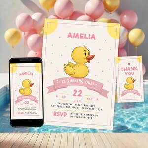 Rubber Ducky girl 1st birthday idea - Editable Invitation (Digital Download)
