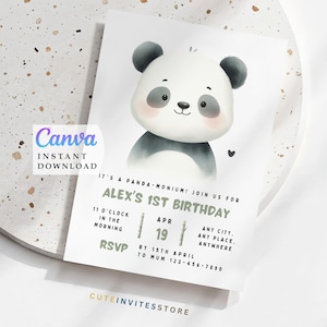 May include: A white invitation card featuring a watercolor illustration of a panda bear. The card reads "Alex's 1st Birthday" with event details. The Canva logo and "Instant Download" text are visible.