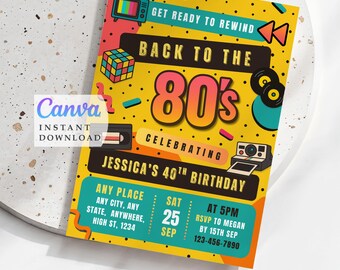 Back To The 80S Party Einladung - 40. Geburtstag einladen (Bearbeitbare Vorlage)