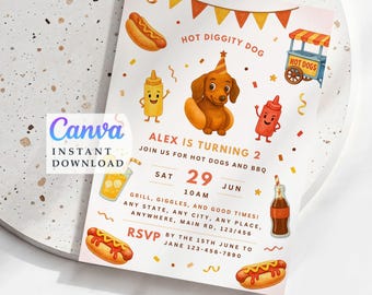 Modelo de convite "Hot Diggity Dog": Convite para festa de churrasco (Download instantâneo)
