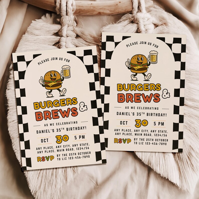 Burgers and Brews Birthday Invitation, Printable Adult Party Invite, Editable BBQ Canva Template