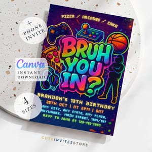 Bruh Its My Birthday – Neon Graffiti Boy Birthday Invite, Teen Party Arcade Game Canva Template
