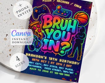 Bruhits My Birthday - Neon Graffiti Einladung, Arcade Game Party (Instant Download)