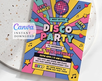 Disco Ball Geburtstagseinladung: Retro Groovy Pop Art (editierbare Vorlage, digitaler Download