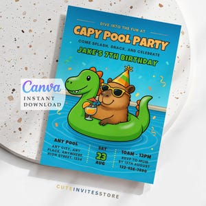 Capybara Invite Dinosaur Party, Boys Birthday Printable, Editable Summer Swim Template