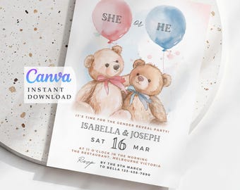 Bear Gender Reveal Invite: He or She Invitation Baby Shower (Canva Template)