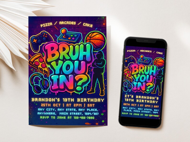 Bruh Its My Birthday – Neon Graffiti Boy Birthday Invite, Teen Party Arcade Game Canva Template