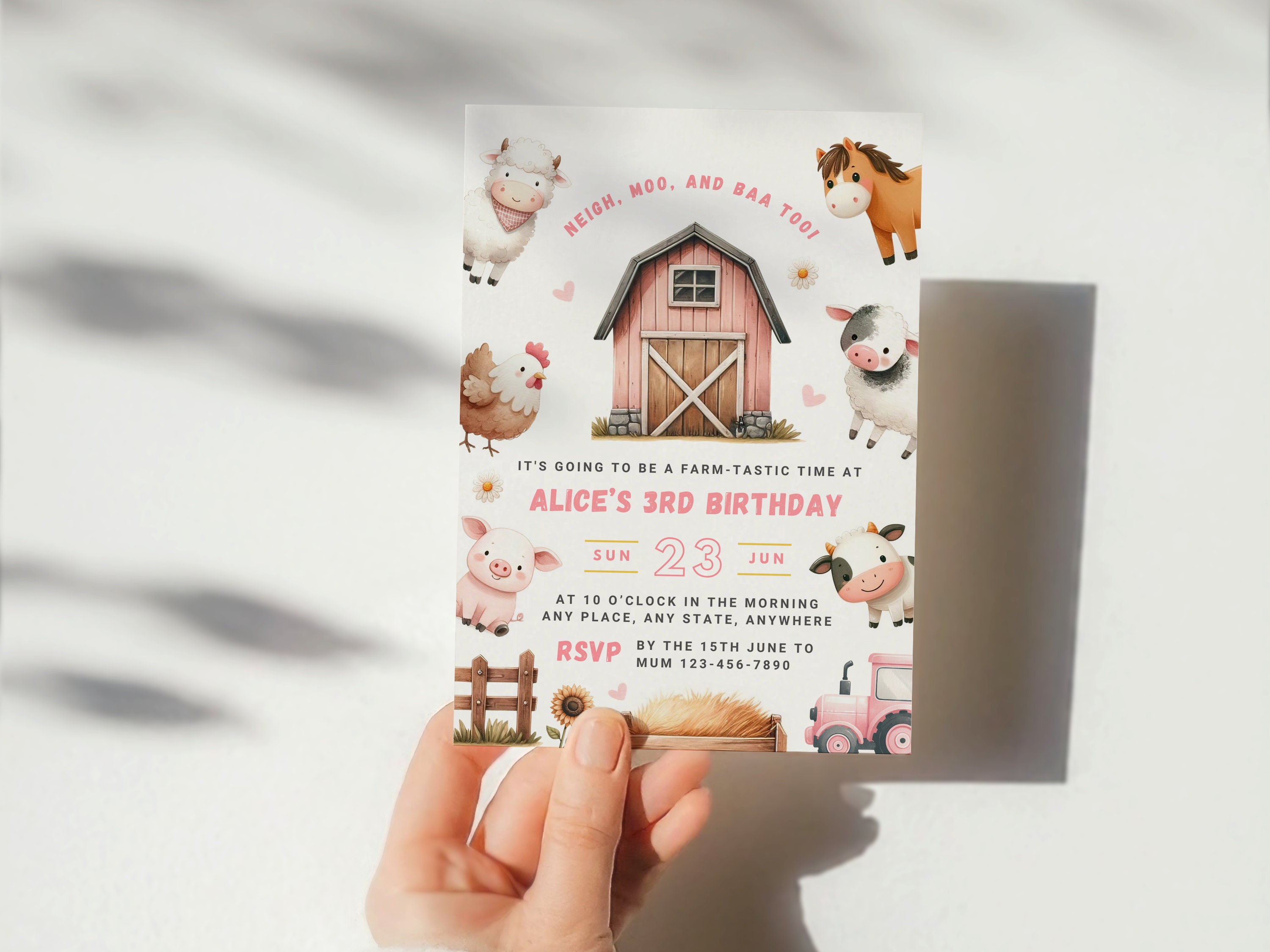 Farm 3rd Birthday Invite Girls Farm Animals Invite Third Birthday Editable Invitation Instant ...