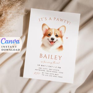 Fête d'anniversaire corgi, invitation d'anniversaire de chien, invitation de fête pour animaux de compagnie, modèle d'invitation numérique, invitations imprimables, invitation de fête de chiot