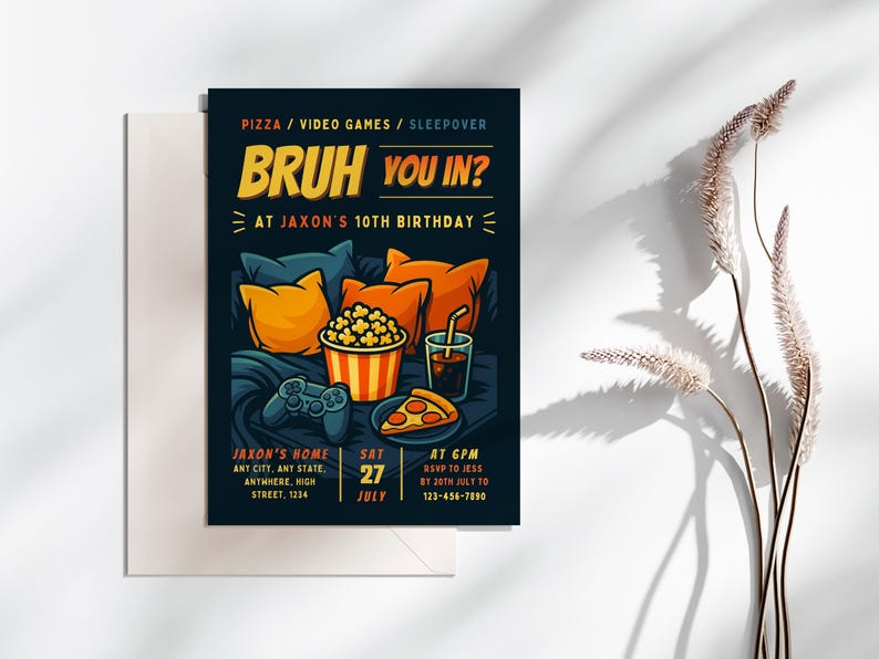 Video Game Slumber Party Invitation: Printable Boy Birthday Invite (5x7 inch Canva Template)