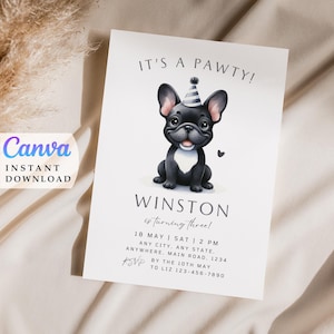 Französische Bulldogge Party Frenchie Geburtstags-Hundepartyeinladung Bearbeitbare Einladungen Französische Bulldogge Karte Druckbare Einladung