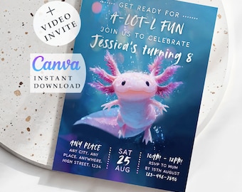 Axolotl-Geburtstagseinladung - Bearbeitbare Canva-Vorlage, Unter der Meeresparty, Printable & Video-Einladung, sofortiger Download