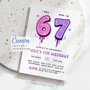 6 7 invitation Girl Birthday Invite Editable Template (Digital Download)