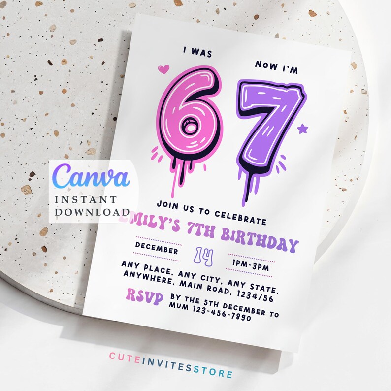 6 7 invitation Girl Birthday Invite Editable Template (Digital Download)
