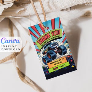 Favores de agradecimento Decoração de caminhão monstro Etiquetas de agradecimento para impressão Festa de caminhão monstro Etiquetas de festa personalizadas Modelo editável Download instantâneo