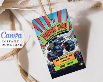 May include: A thank you tag with a monster truck graphic. The tag is red, blue, yellow, and green with white text that says "Thank You for coming to my birthday" and "And making my day so special! Love Daniel".