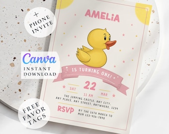 Rubber Ducky girl 1st birthday idea - Editable Invitation (Digital Download)