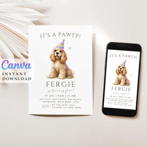 Puede incluir: Una invitación de cumpleaños imprimible con un lindo cocker spaniel de dibujos animados que lleva un gorro de fiesta. La invitación dice "¡Es una fiesta!" e incluye el nombre del perro, Fergie, y los detalles de la fiesta.