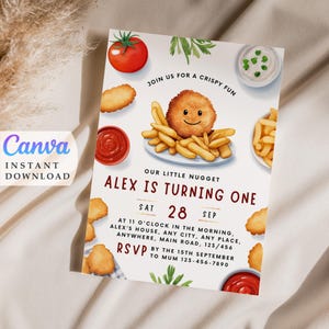 Our Little Nugget Laden Sie ein Hühner-Nugget-Party zum Geburtstag einladen Sie mehr Huhn-Einladung Druckbare bearbeitbare Vorlage Sofort-Download