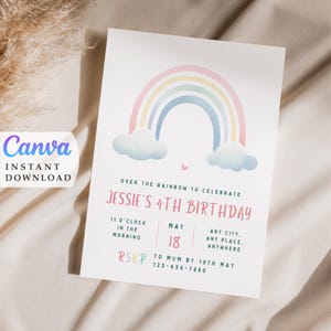 Invitación para fiesta de 4.º cumpleaños arcoíris: Plantilla personalizada para niñas (descarga digital)