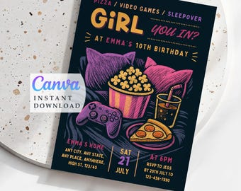 Sleepover Girl Partyeinladung: Bearbeitbar Sleep over Geburtstag (Digitaler Download)