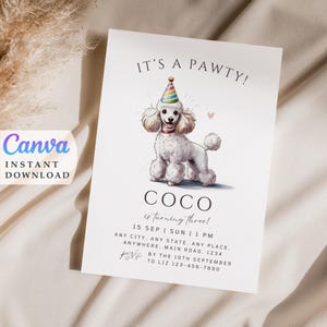Witte poedel kaart poedel uitnodiging puppy feest uitnodiging schattige hond uitnodiging huisdier verjaardag uitnodigen bewerkbare sjabloon direct downloaden