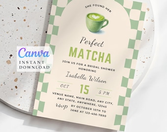 Matcha Bridal Shower Invitation – Editable Tea Party Invite, She Found Her Matcha Digital Template