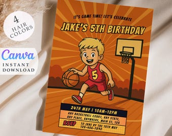 May include: An orange basketball-themed birthday invitation with the text "Jake's 5th Birthday." A cartoon boy dribbles a basketball. Includes event details: date, time, location, and RSVP information. The invitation also mentions "4 Hair Colors" and "Canva Instant Download."