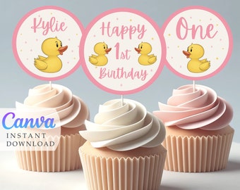 Pink Duck 1st Birthday Cupcake Toppers: Quack Party Decor (Canva Template)