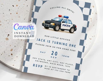Police officer 1St Birthday Boy, Editable Invitation template (Instant Download) 1PB