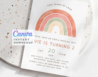 Pastell Regenbogen Einladung zum 2.Geburtstag, Boho Girl Party einladen (Digitaler Download)