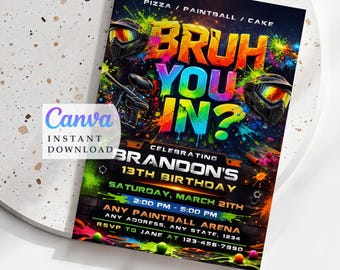 Bruh Paintball Party bearbeitbare Einladung, Canva Vorlage (digitaler Download)