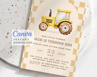 Yellow Tractor Party Farm Birthday Invite: Editable Invitation (Instant Download)