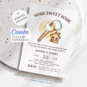 Home Sweet Home Housewarming Invitation: Watercolor Key Design (Editable Canva Template, Digital Download)