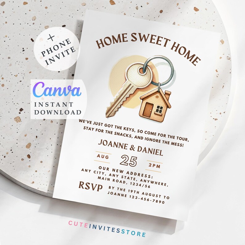 Home Sweet Home Housewarming Invitation: Watercolor Key Design (Editable Canva Template, Digital Download)