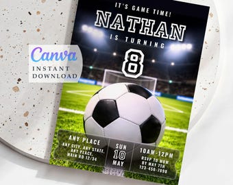 Soccer ball 8th birthday party, Printable invitation template, Canva design invite (Instant Download)
