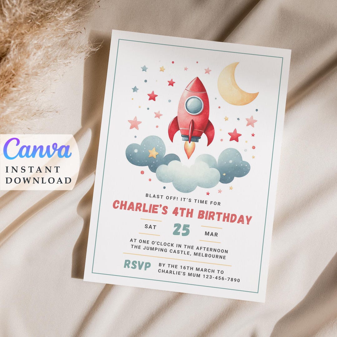 4th Birthday Space Rocketship Birthday Boys Party Invite 3 2 1 Blast ...