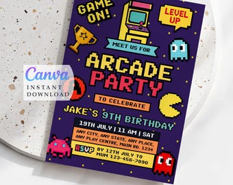 Arcade Gaming Party, Spiel auf Einladung Kindergeburtstag einladen, bearbeitbar (Instant Download)