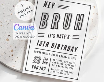 Bruh-themafeest: verjaardagsuitnodiging jongens, canvasjabloon (digitale download)