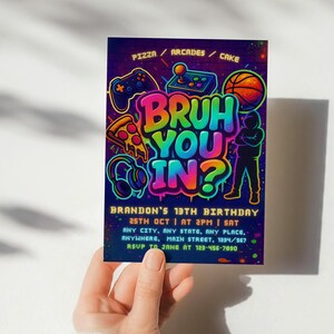 Bruh Its My Birthday – Neon Graffiti Boy Birthday Invite, Teen Party Arcade Game Canva Template