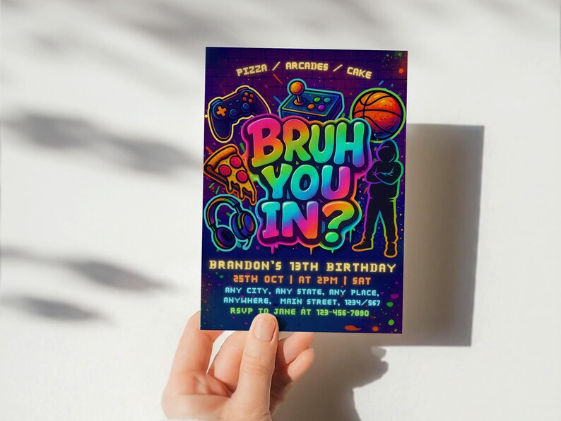 Bruh Its My Birthday – Neon Graffiti Boy Birthday Invite, Teen Party Arcade Game Canva Template