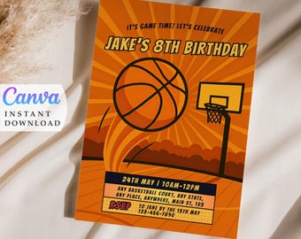 May include: An orange basketball-themed birthday invitation with the text "Jake's 8th Birthday." The design includes a basketball, hoop, and the words "It's Game Time! Let's Celebrate." Additional details include date, time, and RSVP information.