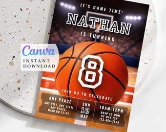 Basketball Einladung zum 8. Geburtstag, Game Time Sport Party einladen (Canva Vorlage) Sofort Download
