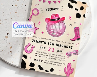Pink Disco Cowgirl Birthday Invitation: Editable Party Template (Digital Download)